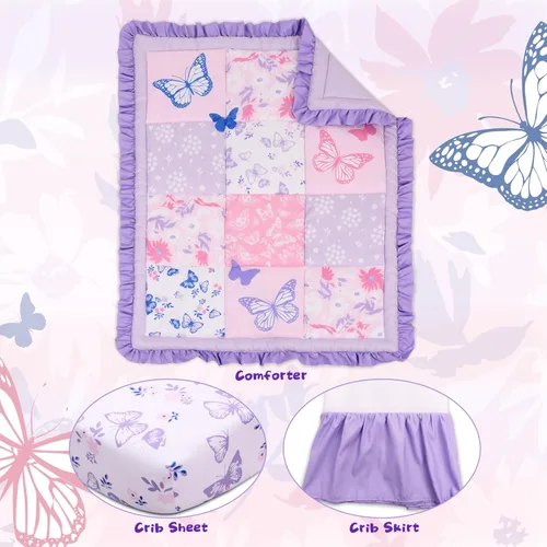 Miniatura 3 de Juego de ropa de cama para cuna Cloele para niñas, 3 piezas de ropa de cama floral de mariposa para bebé - Incluye edredón, sábana ajustada y falda