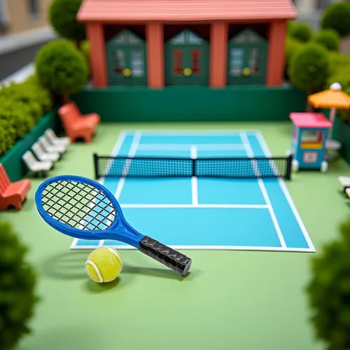 Miniatura 3 de Juego de raquetas de tenis en miniatura azul y verde, accesorios a escala 1/12, juego de mini raqueta, tenis pequeño