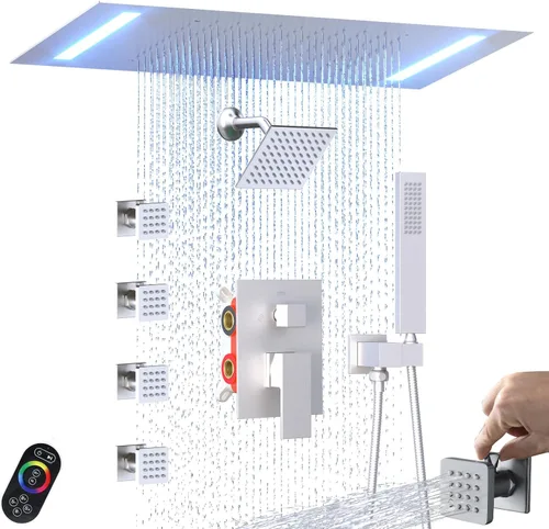 Miniatura 12 de ENGA - Sistema de ducha doble LED de lluvia, cabezal de ducha grande de 14 x 20 pulgadas + ducha de pared de 6 pulgadas, 4 chorros corporales