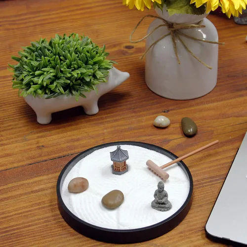 Miniatura 5 de Nature's Mark Mini kit de jardín zen para escritorio con rastrillo, arena blanca, base redonda negra, figura de pagoda en miniatura, rocas de río