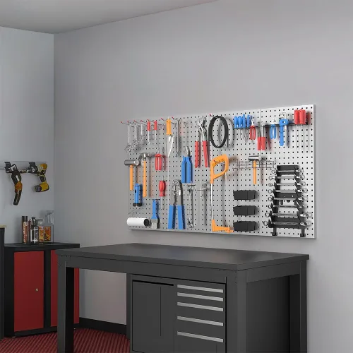 Miniatura 5 de Ultrawall 4 piezas de paneles de pared de tablero de clavijas de metal, tableros de clavijas para almacenamiento de herramientas de garaje Gris