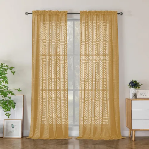 Miniatura 45 de Simplebrand Cortinas traslúcidas negras de cocina de 24 pulgadas de largo, 2 paneles, filtrado de luz, geométrico jacquard con textura, cortinas