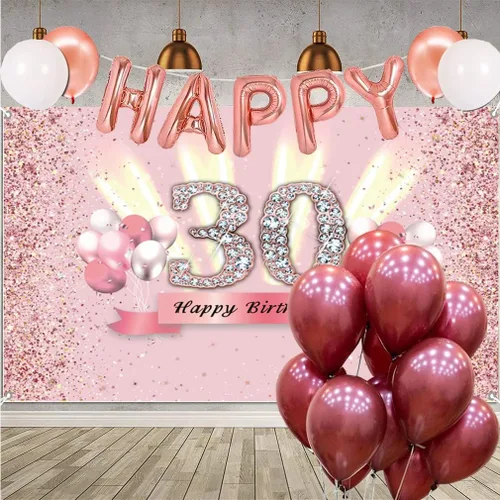 Miniatura 6 de Decoraciones de cumpleaños número 30 para mujer, cartel de fondo de feliz cumpleaños 30, cartel de tela para fiesta de aniversario de 30 años