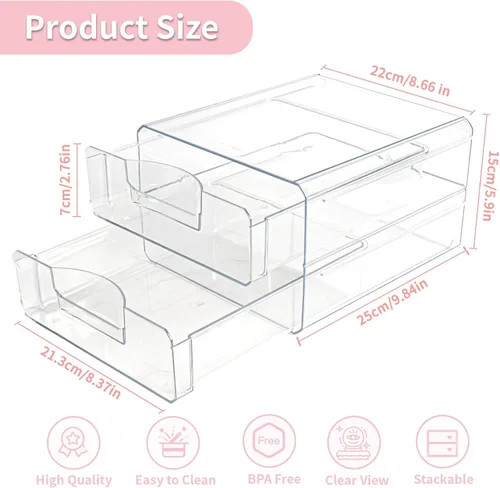 Miniatura 3 de Cajones de almacenamiento apilables transparentes, organizador de cajones de maquillaje acrílico con 2 cajones, contenedores de almacenamiento