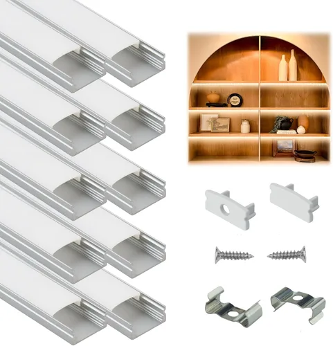 Muzata Paquete de 10 canales LED de aluminio en forma de U de 6.6 pies/6.6 ft de canal difusor de tira LED plateado con cubierta blanca lechosa
