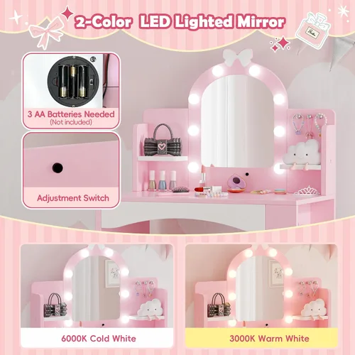 Miniatura 4 de MU Tocador infantil con luces, juego de mesa y silla de maquillaje de princesa para niñas, escritorio de tocador para niños pequeños con estantería