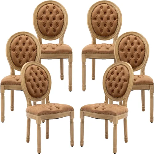 Miniatura 24 de Juego de 4 sillas de comedor francesas vintage, con respaldo redondo, tapizadas, de piel sintética, con ribete de cabeza de clavo y marco de madera
