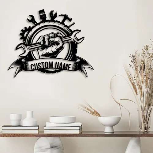 Miniatura 2 de Letrero de metal personalizado con nombre de luz LED para garaje para el día del padre, decoración de pared, caja de herramientas, letrero de metal