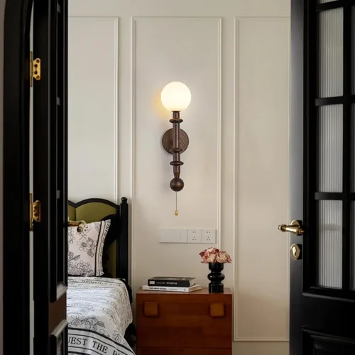 Miniatura 7 de Aplique de pared de madera, aplique de pared de globo industrial, modernas lámparas de pared para tocador de dormitorio con pantalla de globo