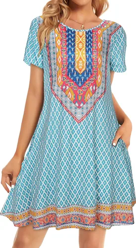 elescat - Vestido tipo camisa de verano para mujer vestido de playa casual holgado manga corta con vuelo y de ajuste tipo túnica