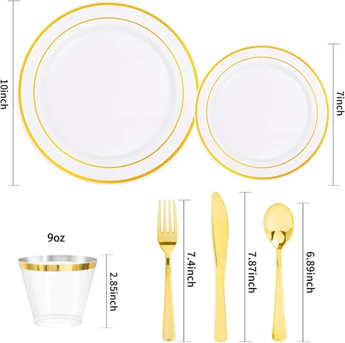 Miniatura 2 de bUCLA 600 platos de plástico blanco y dorado, juego de vajilla desechable dorada para 100 invitados, incluye 100 platos de cena y 100 platos
