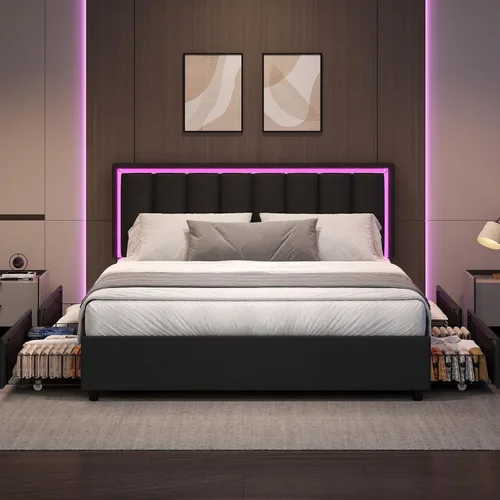 Miniatura 8 de IMMERSTABLE Base de cama tamaño Queen con cabecero y 4 cajones de almacenamiento, plataforma tapizada de piel sintética con luces LED, listones