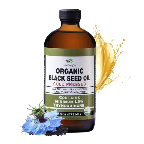 HalalEveryDay Aceite de semilla negra orgánico – Certificado USDA, botella de vidrio prensado en frío de 16 onzas – Más de 1.5% timoquinona turca