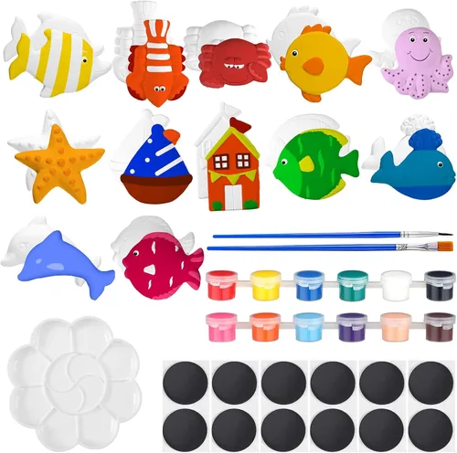 Sinmoe 12 Kits de Pintura Bajo el Mar Artes y Manualidades Figuras de Animales Oceánicos de Cerámica Sin Pintar Hazlo Tú Mismo Kit para Pintar Tus