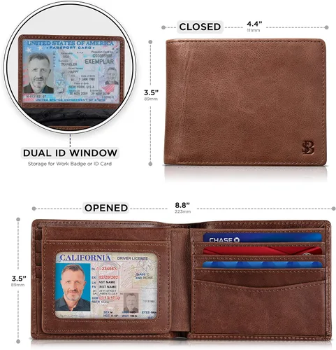 Miniatura 29 de SERMAN BRANDS Billetera de piel con 2 ventanas de identificación para hombre, con bloqueo RFID, doble tapa superior, billetera de viaje de capacidad