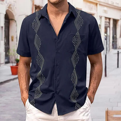 Miniatura 2 de Camisas de guayabera cubana para hombre, estilo casual, con botones, para vacaciones, camisa hawaiana, manga corta, cuello de solapa, tops de playa