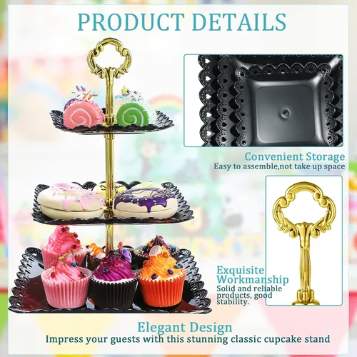 Miniatura 4 de Honeydak 3 juegos de bandejas de 3 niveles para servir postres de 3 niveles, soporte de postre de boda, soporte de plástico de polipropileno