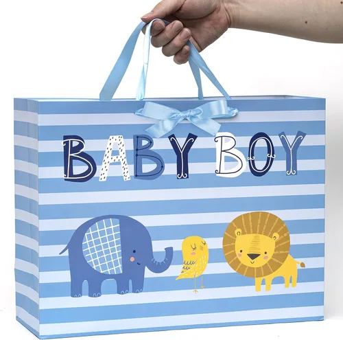 Miniatura 7 de Loveinside Bolsa de regalo para bebé niño con papel de seda y tarjeta de felicitación para baby shower, nuevos padres y más, diseño animal azul, 16