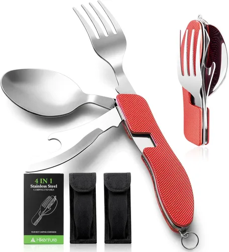 Miniatura 9 de Utensilios para campamento HIKENTURE 4 en 1, juego de tenedor, cuchillo, cuchara y abridor de botellas de acero inoxidable con estuche de Negro