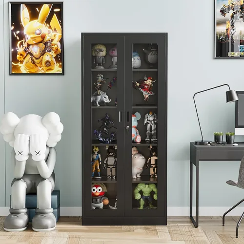 Miniatura 2 de Vitrina con puertas de cristal, vitrina para coleccionables, gabinete de exhibición Curio con 4 estantes ajustables, gabinete de exhibición de Negro