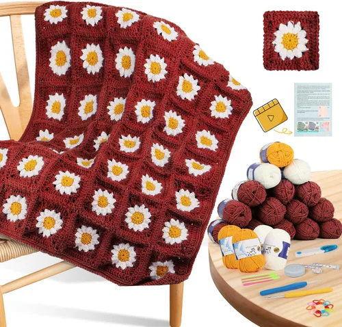Miniatura 8 de Kit de Ganchillo Coopay para Principiantes para Manta, Kit de Ganchillo de Cuadrados de Abuela con Instrucciones y Suficiente Hilo, Juego Completo