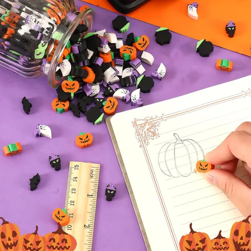 Miniatura 3 de JUNEBRUSHS 150 piezas de mini borradores de Halloween para niños, lindos borradores pequeños a granel para niños, dulce o truco, regalos de fiesta