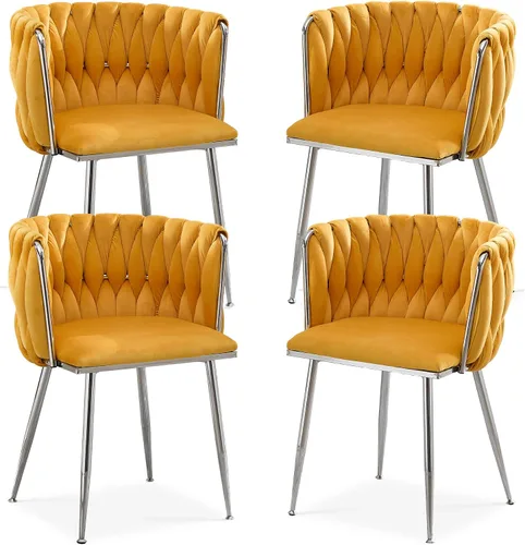 Miniatura 23 de Juego de 2 sillas de comedor de terciopelo, sillas laterales tapizadas tejidas con patas de metal plateado, Sillas de Comedor 2, sillas decorativas