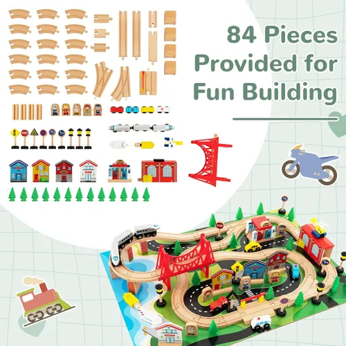 Miniatura 5 de Mesa de Tren INFANS, Juego de 80 Piezas de Madera para Niños con Juego de Actividad Reversible y Desmontable, Pistas, Tren, Ferrocarril, Ciudad