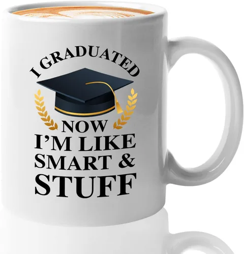 Miniatura 9 de Taza de café de graduación de 15 onzas, color negro, con texto en inglés «Now I'm Like Smart & Stuff – Chistes graduados divertidos, collage tonto