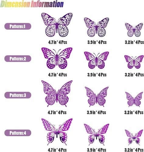 Miniatura 5 de SAOROPEB - Calcomanía de mariposa 3D para pared, 48 piezas, 4 estilos, 3 tamaños, extraíble, mariposa morada para decorar cumpleaños, fiestas