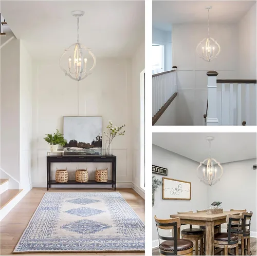 Miniatura 5 de Lámpara de araña blanca para comedor - Lámpara colgante moderna de 4 luces, luces colgantes de madera rústica para cocina, isla, sala de estar