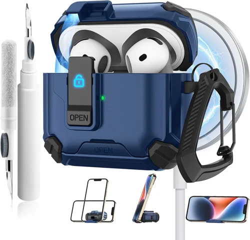 Miniatura 13 de Meliya Funda para AirPods 4, viene con soporte para teléfono y función MagSafe, funda rígida de protección completa automática emergente con bloqueo