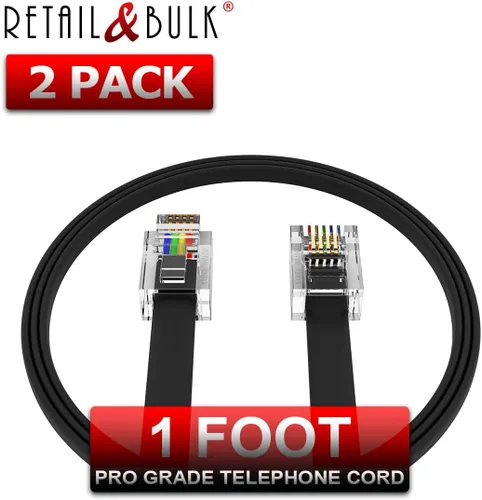 Miniatura 2 de Paquete de 2 cables telefónicos de 1 pie, grado profesional, fabricado en Estados Unidos, enchufes RJ11 macho 6P4C con contactos dorados de 50