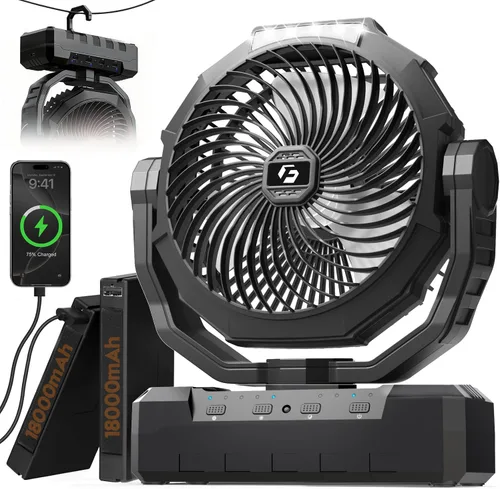 Ventilador de campamento 3 en 1 – Ventilador portátil desmontable de 36000 mAh recargable con luz y gancho, ventiladores a batería para exteriores,