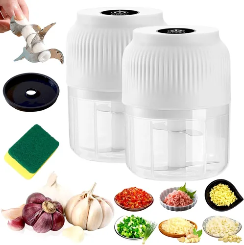 Miniatura 12 de Picadora eléctrica de ajo de capacidad de 10.1 fl oz, mini cortador de verduras portátil, 4 cuchillas afiladas de acero inoxidable, mini picadora