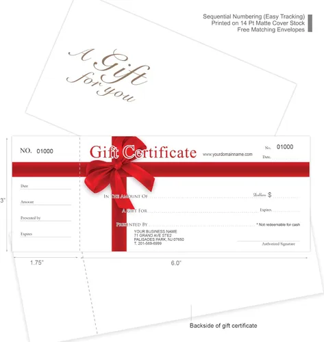 Miniatura 3 de IMPACTONLINEPRINTING Tarjetas de regalo personalizadas con sobres, juego de 50 unidades, cinta roja, certificados de regalo para pequeñas empresas