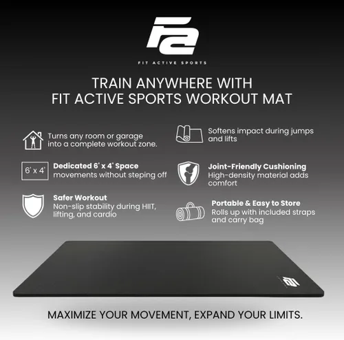 Miniatura 9 de Fit Active Sports Alfombrilla de entrenamiento extragrande de 6 x 4 pies con bolsa de transporte y correas, resistente, antideslizante