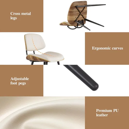 Miniatura 5 de Juego de 2 sillas de comedor modernas de mediados de siglo, sillas de cocina sin brazos de piel sintética con respaldo de madera curvada de nogal