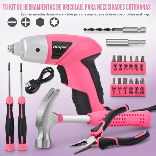 Miniatura 2 de Hi-Spec Destornillador eléctrico 19 piezas 3.6V rosa USB pequeño juego de destornillador de potencia. Destornillador inalámbrico y recargable