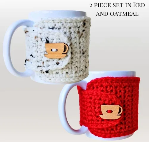 Miniatura 2 de Taza acogedora con taza de madera y botón de platillo (rojo y avena)