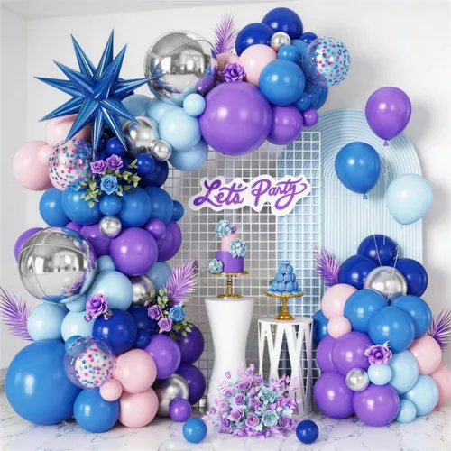 Miniatura 13 de Kit de guirnalda de arco de globos de color azul, blanco y plateado con globos de bola de discoteca, globos de papel de aluminio de estrella