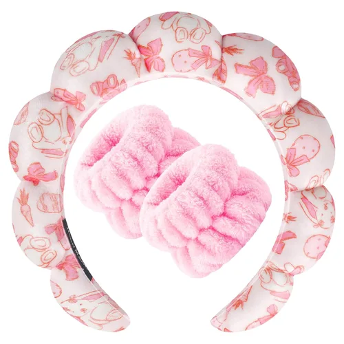 Miniatura 22 de Zkptops Diadema de Spa para Lavar la Cara Muñequera Esponja Maquillaje Cuidado de la Piel Diadema de Tela de Rizo Burbuja Suave Prepárate Diadema