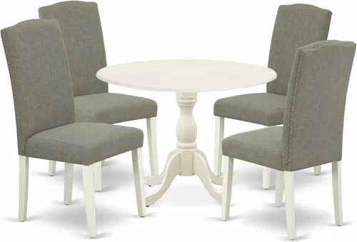 Miniatura 15 de East West Furniture DMEN3-LWH-06 - Juego de comedor de 3 piezas para espacios pequeños que contiene una mesa de comedor redonda con gotas y 2 sillas