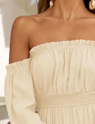 Miniatura 60 de ZESICA - Vestido largo, bohemio y sexy, con hombros descubiertos y manga larga fruncida, con elástico fruncido, cintura alta y abertura lateral