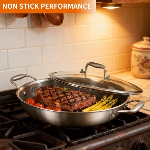 Miniatura 2 de DELARLO Wok con Tapa de 12 Pulgadas Wok Antiadherente, Apto para Horno Hasta 600℉, Woks y Sartenes para Freír Antiadherentes, Wok de Acero