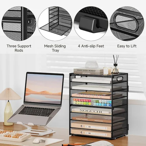 Miniatura 6 de SUBEKYU Organizador de papel de 9 niveles para escritorio, bandeja de cartas de malla de metal negro, organizador clasificador de papel de archivo