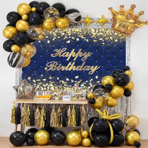 Miniatura 4 de Renaiss Telón de Fondo Banner de Feliz Cumpleaños de 5x3 pies Diamantes Reales Dorado Azul Fondo de Fotografía para Hombres Mujeres Fiesta