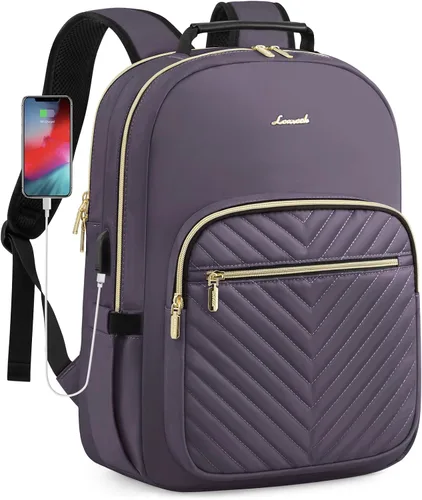 Miniatura 24 de LOVEVOOK Mochila para laptop para mujer, elegante mochila acolchada para viajes de negocios, trabajo, bolsa para computadora, con puerto USB