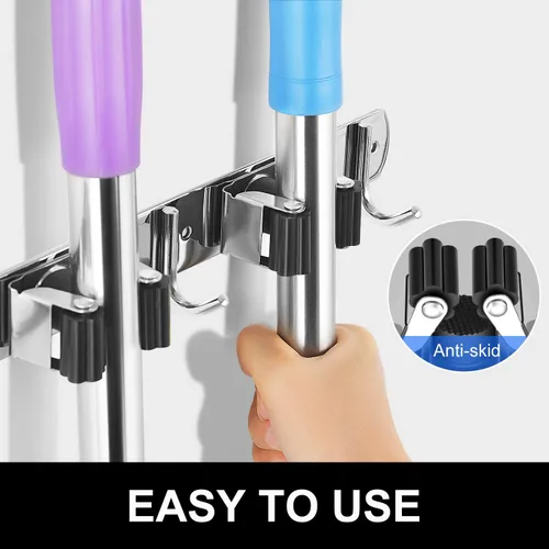 Miniatura 5 de IMILLET Soporte para escoba y fregona montado en la pared, soporte para escoba de acero inoxidable, soporte para fregona, organizador de 3 estantes