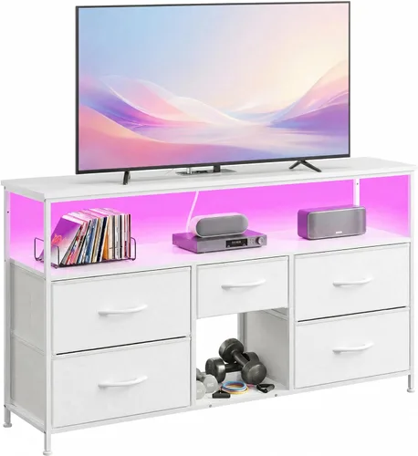 Miniatura 10 de EnHomee Soporte de TV para televisor de 50 pulgadas, centro de entretenimiento con luces LED y tomas de corriente, cómoda de 5 cajones